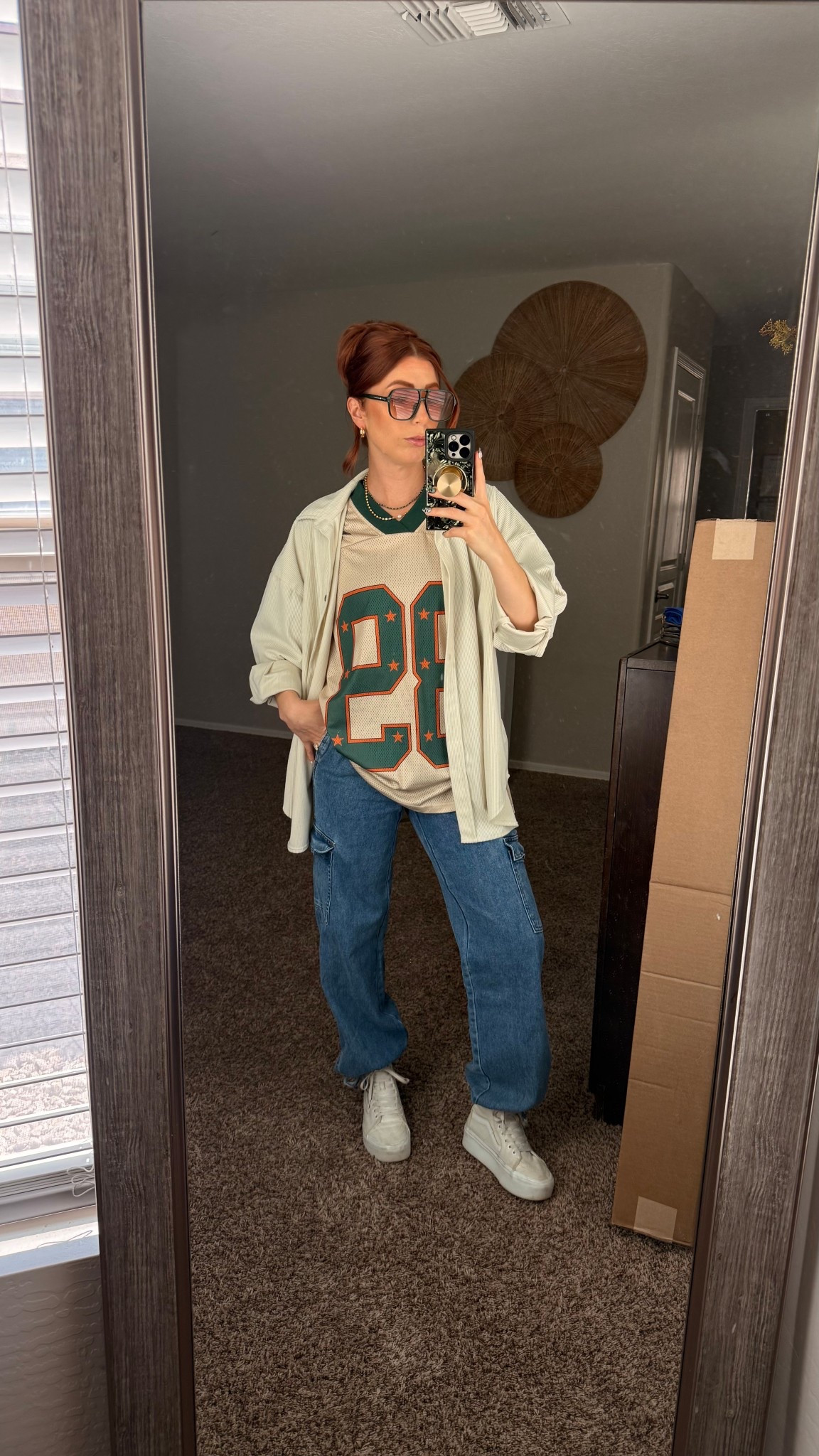 •beige ribbed “corduroy jacket size L
•green orange tan jersey size L
•white high top platform vans tts
•cargo jeans @tjmaxx 
•gold necklace Amazon
•green malachite necklace Amazon
•gold hoops set of 4
•green sunglasses 2 pack of different colors 
•handmade press on nails Amazon
•green marble rectangle phone case Amazon
•gold mag sage Popsocket Amazon

#LTKootd #LTKPetite #LTKmomlife