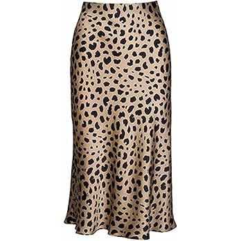 Leopard Skirt for Women Midi Length High Waist Silk Satin Elasticized Cheetah Skirts | Amazon (US)