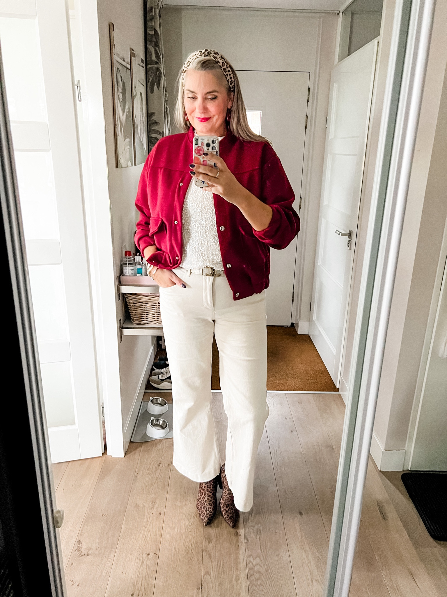 Ootd - Saturday. Burgundy bomber jacket (Most Wanted, L), beige kick flare jeans (Norah, 40), beige sequined crop top (L), Celine Triomphe belt and leopard block heel stretch booties. 

#LTKpartywear #LTKnederlands #LTKeurope