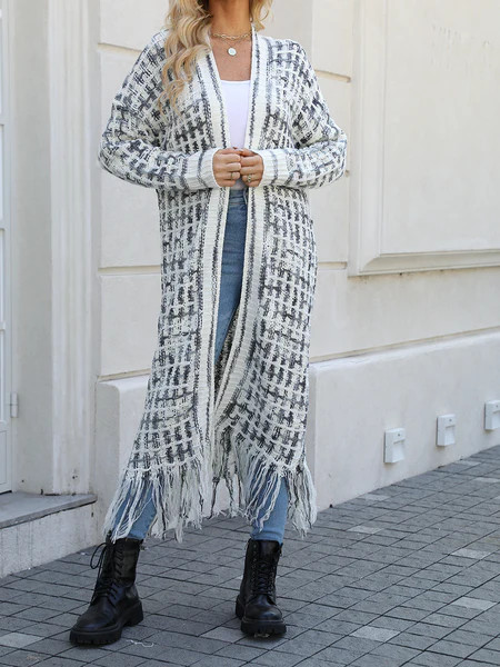 Knitted Fringed Long Cardigan Duster HFLHHS5DCL L / Black | Casual Chic Boutique