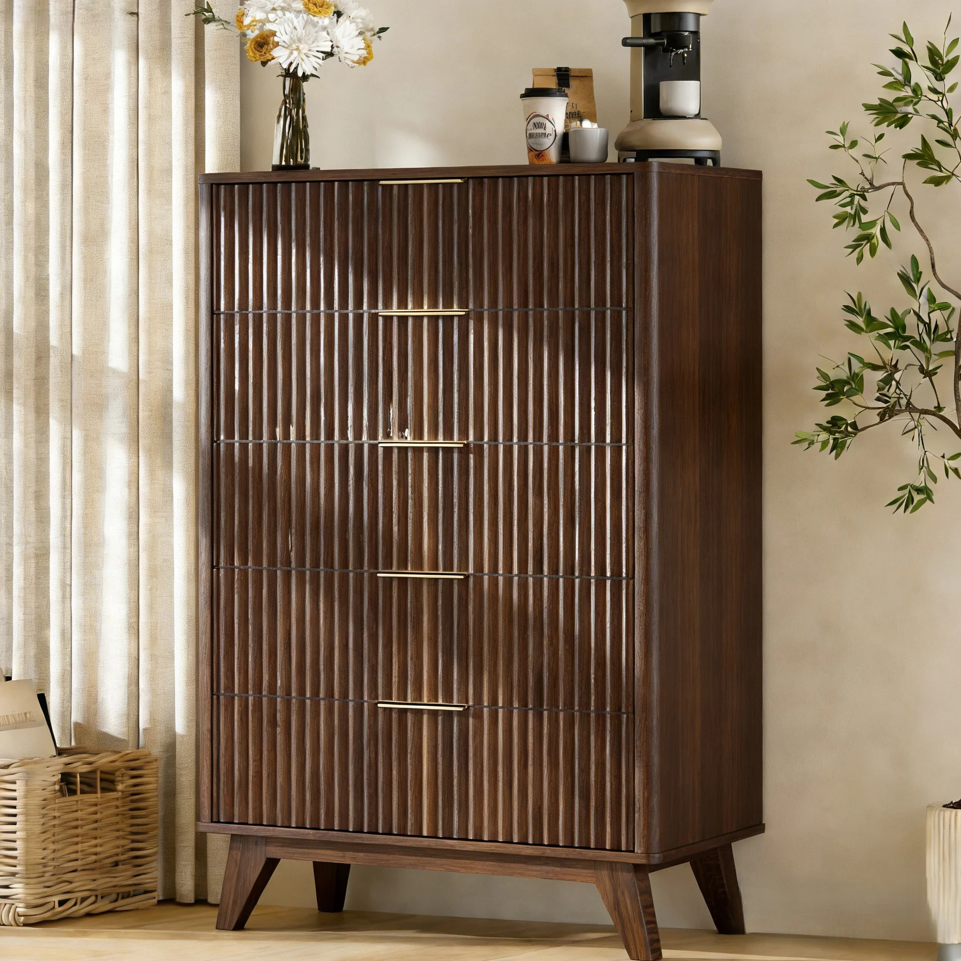 Ktaxon Fluted Large 5 Drawer Dresser Solid Wood Chest of Drawers with Soft Close Slides Storage C... | Walmart (US)