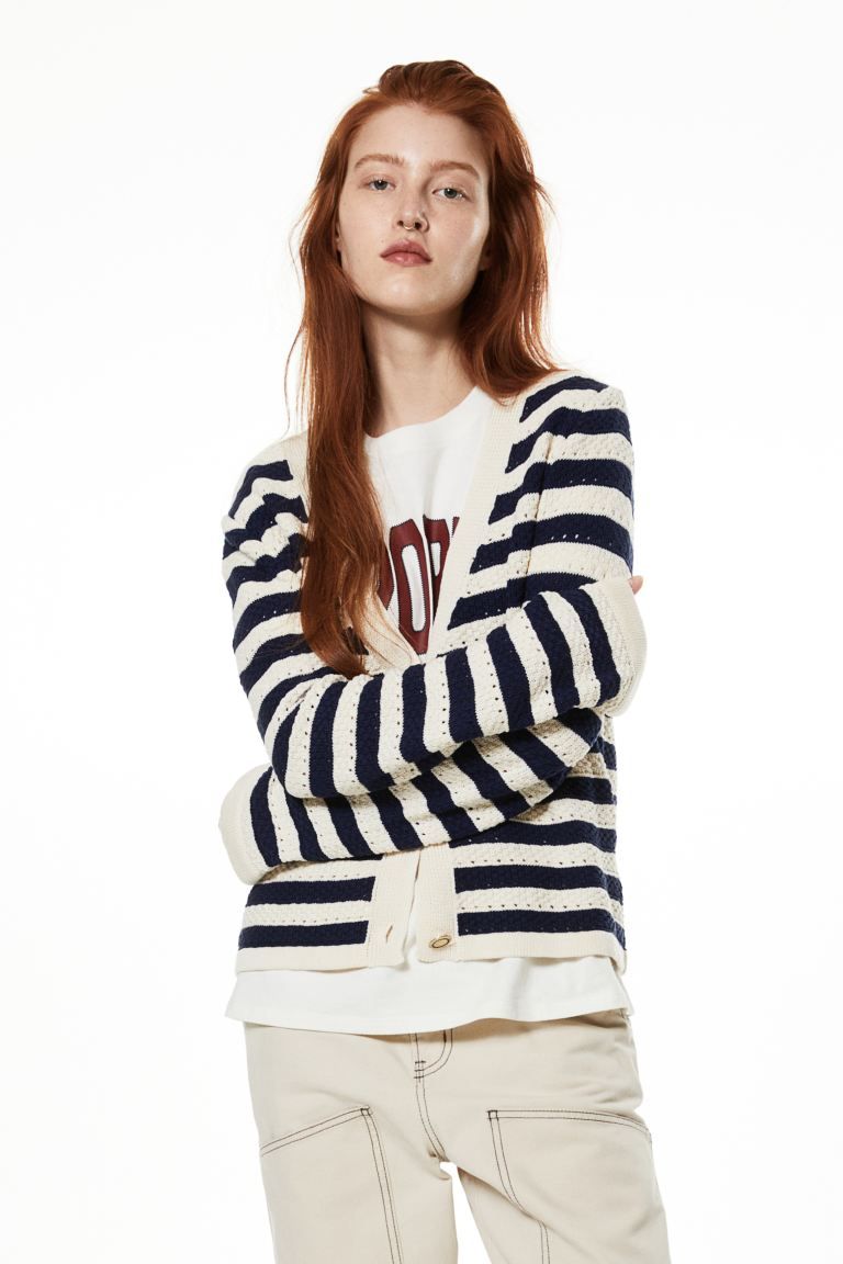 Pointelle-knit Cardigan - Dark blue/striped - Ladies | H&M US | H&M (US + CA)