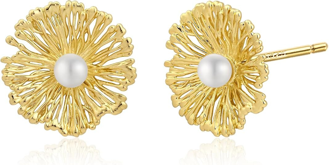 14K Gold Plated Flower Pearl Stud Earrings Floral Round Circle Plated Earrings for Women | Amazon (US)