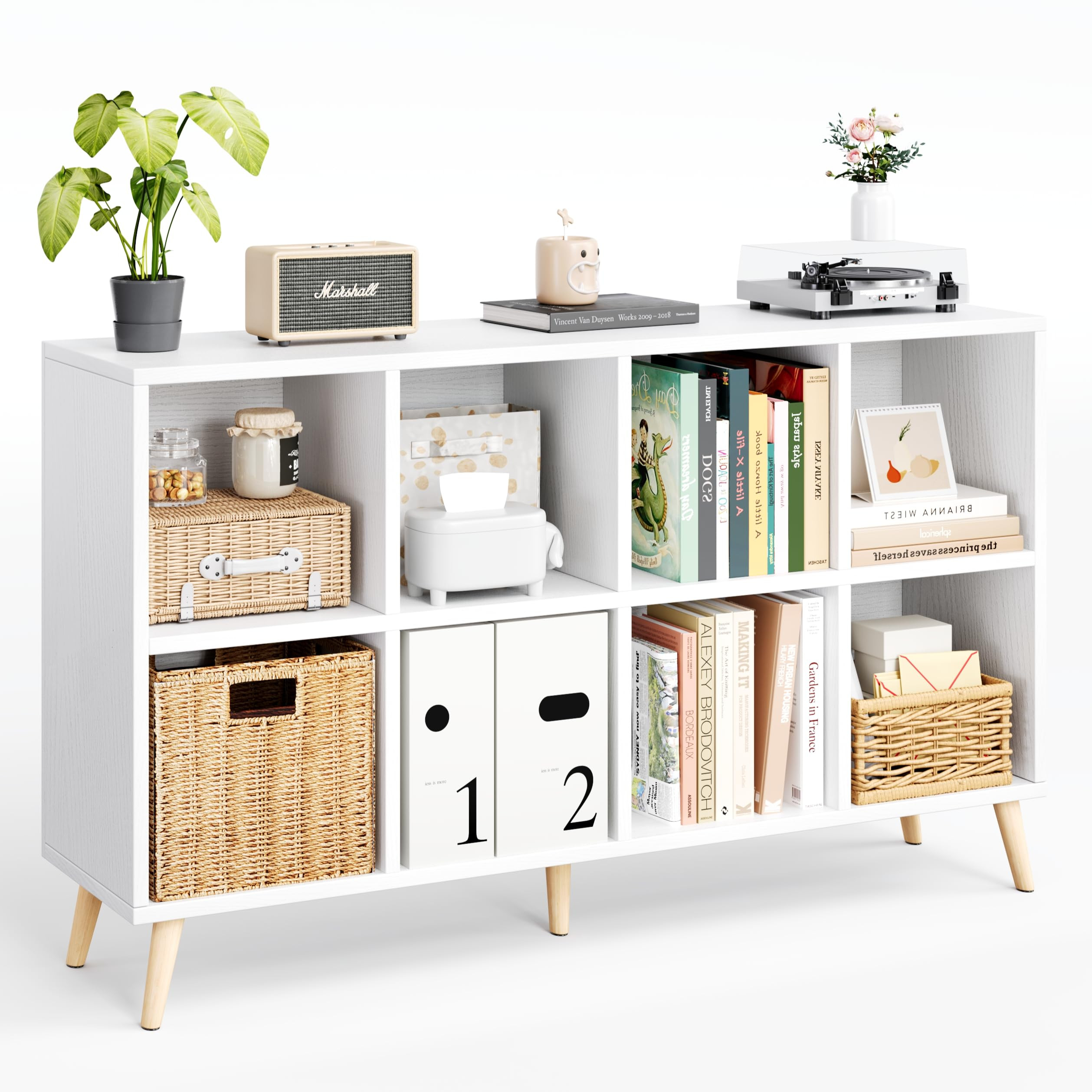8-Cube Bookshelf 2 Tier Modern Bookcase with Legs, 11in Shelf Opening, 47" Wood Bookshelves Storage Organizer Shelf, Freestanding Open Book Shelves for Bedroom Living Room Office, White | Amazon (US)