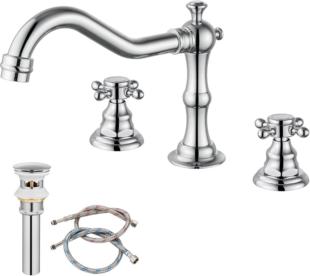 Widespread Bathroom Faucet Polished Chrome Silver 3 Holes Deck Mounted Basin Mixer Tap with Pop U... | Amazon (US)
