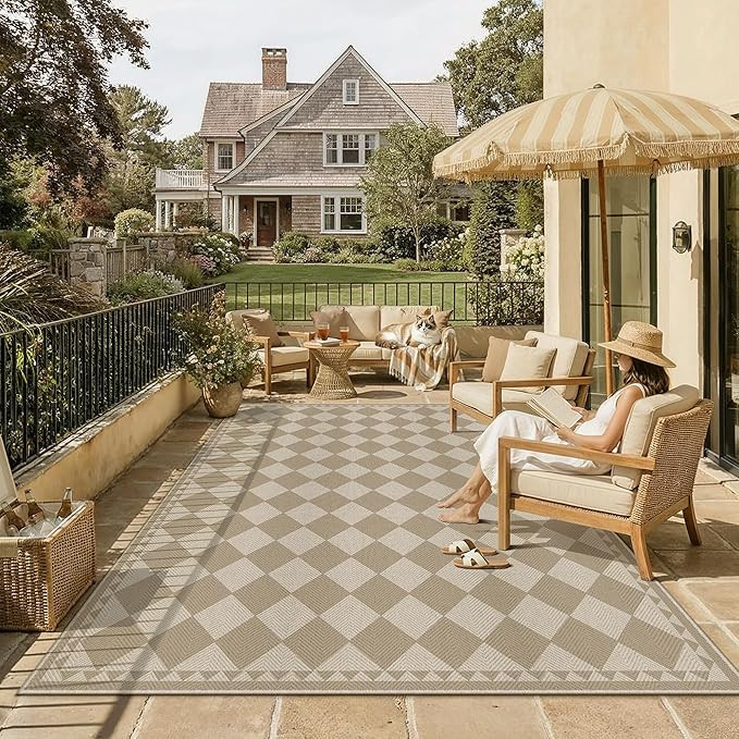 HUGEAR 8x10 Outdoor Rug Brown/Beige Linen-Look Fabric Checkered Area Rug High Traffic Stain Resis... | Amazon (US)
