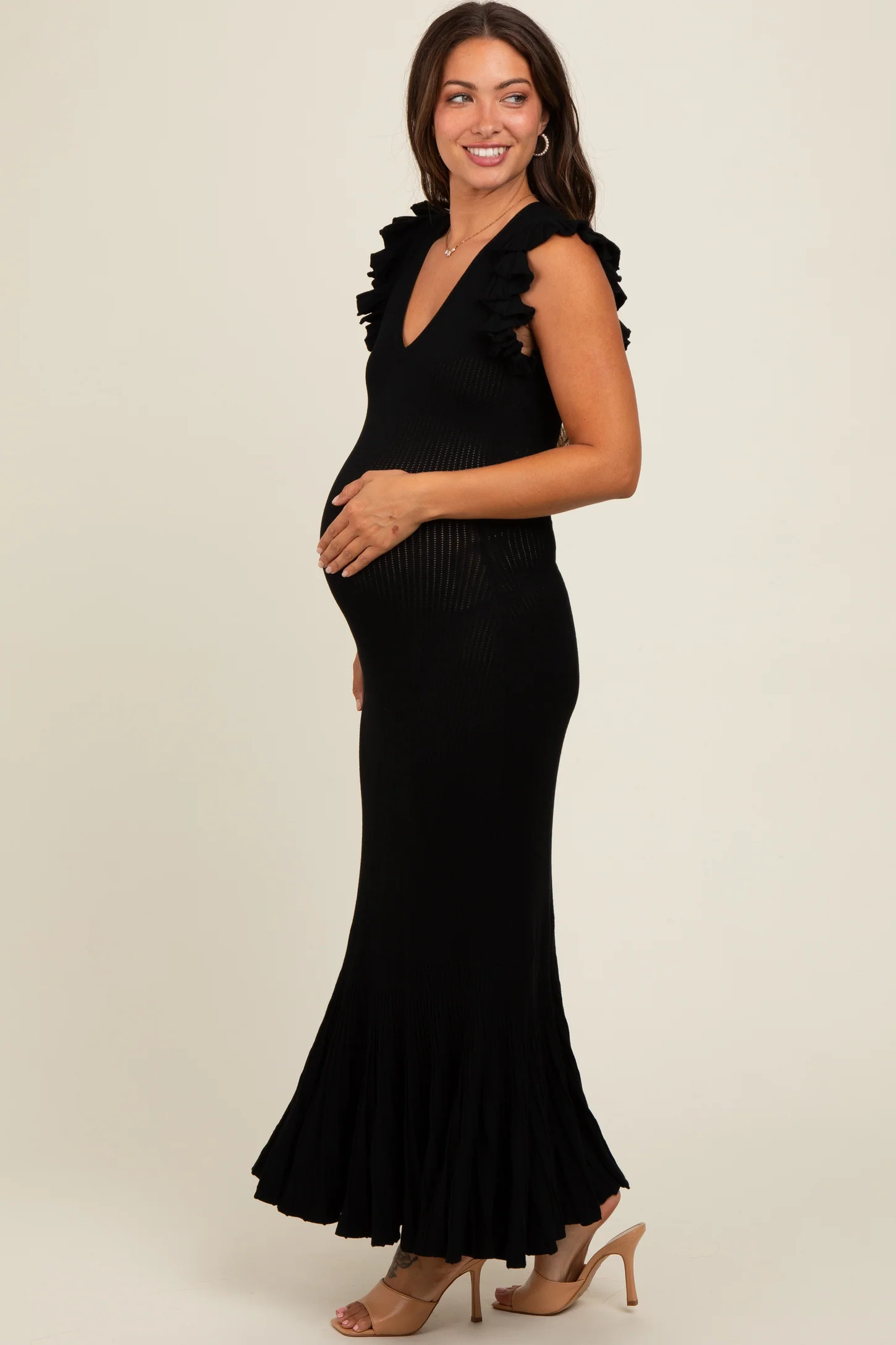Black Ruffle Sleeve Mermaid Hem Maternity Midi Dress | PinkBlush Maternity