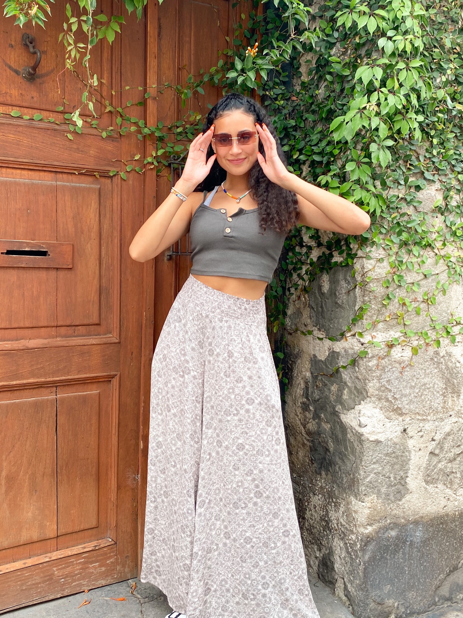 Wide pants army green crop top patterned pants billow pants sunglasses summer outfit 