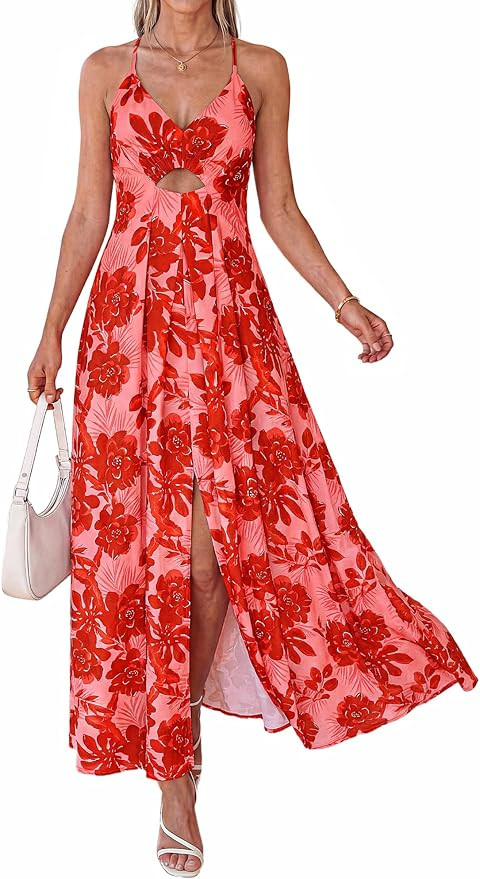 BTFBM Summer Dresses for Women 2026 Spring Floral Spaghetti Strap Smocked Cutout Maxi Dress Resor... | Amazon (US)