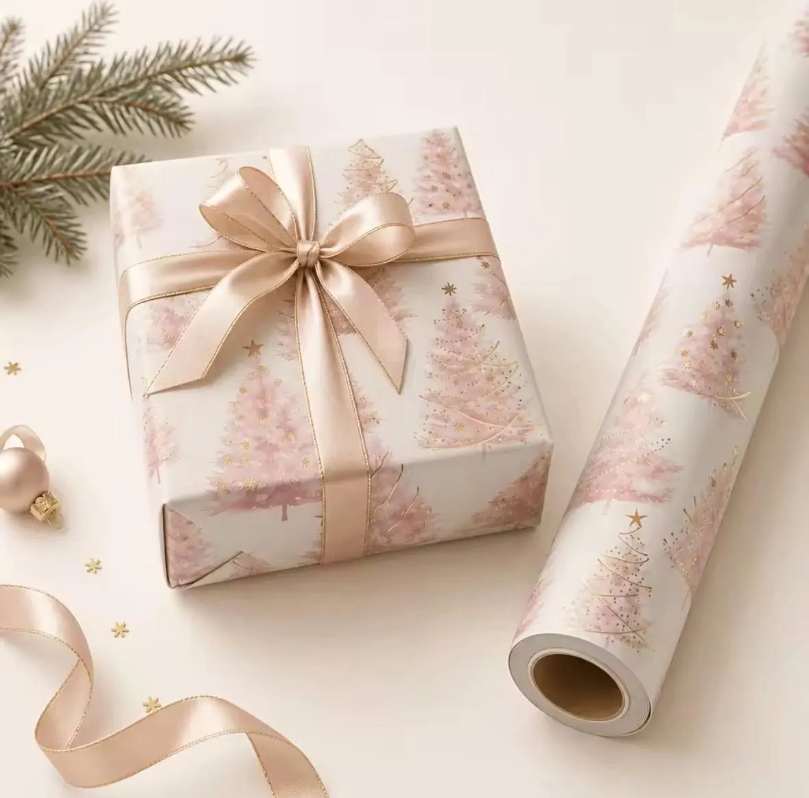 Pink Watercolour Christmas Trees Wrapping Paper with Gold Stars (43 x 300cm) | Etsy (Global)