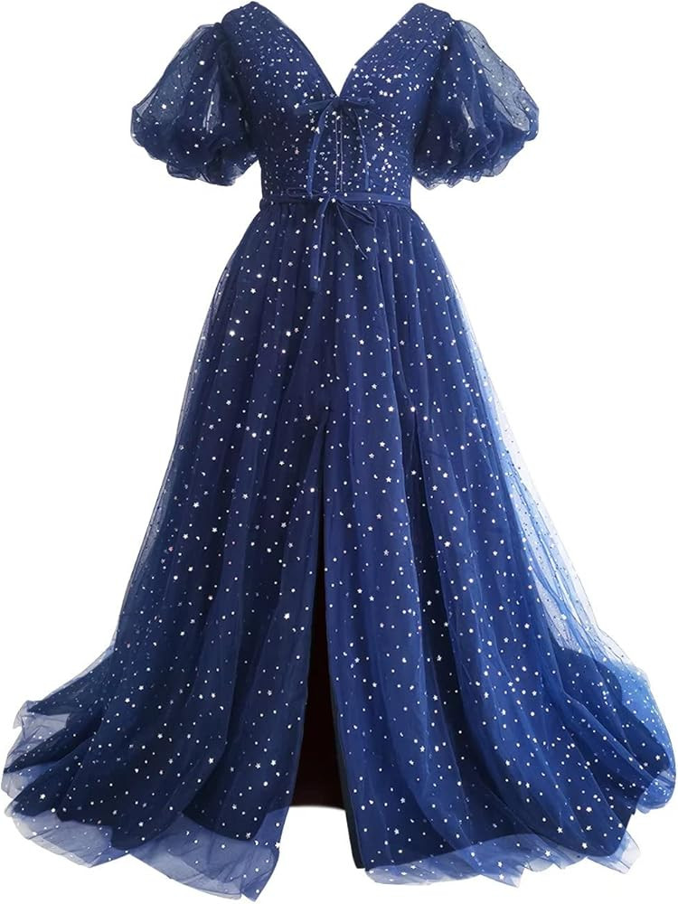 Xijun Women's Sparkle Starry Tulle A Line Puffy Sleeve Prom Dresses with Slit Formal Evening Part... | Amazon (US)