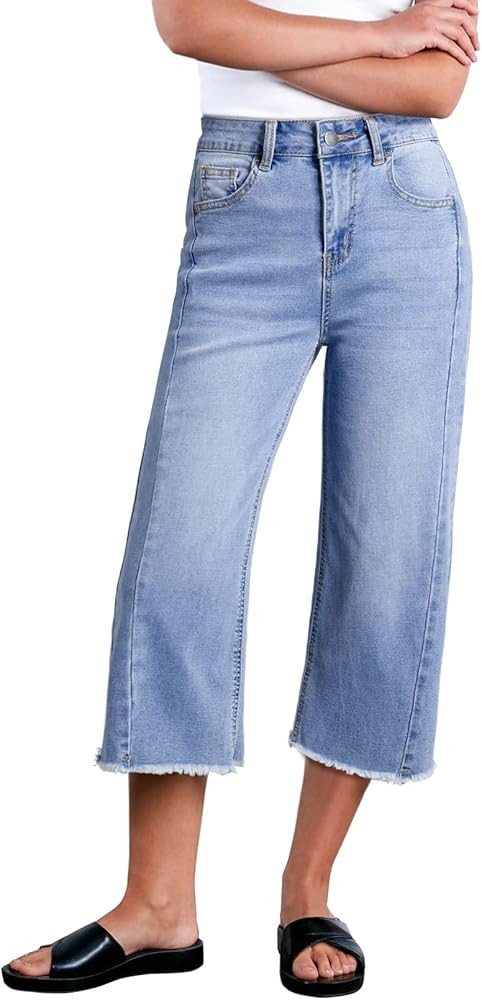 Sidefeel Women's Capri Jeans High Waisted Wide Leg Stretchy Raw Hem Side Seam Zimbaplatinum Denim... | Amazon (US)