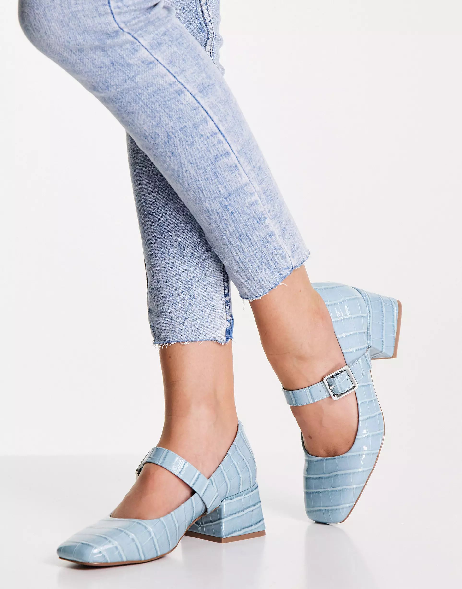 ASOS DESIGN Sadie mary jane block heels in blue croc | ASOS | ASOS (Global)