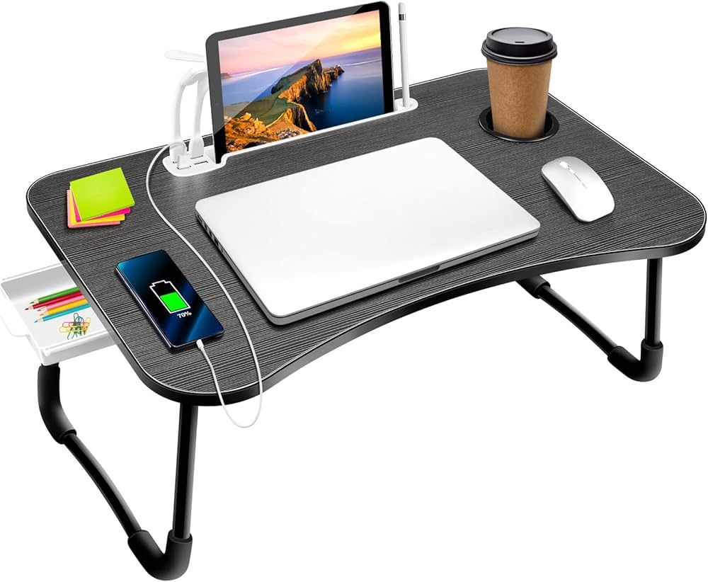 Laptop Bed Desk,Portable Foldable Laptop Lap Desk Tray Table with USB Charge Port/Cup Holder/Stor... | Amazon (US)