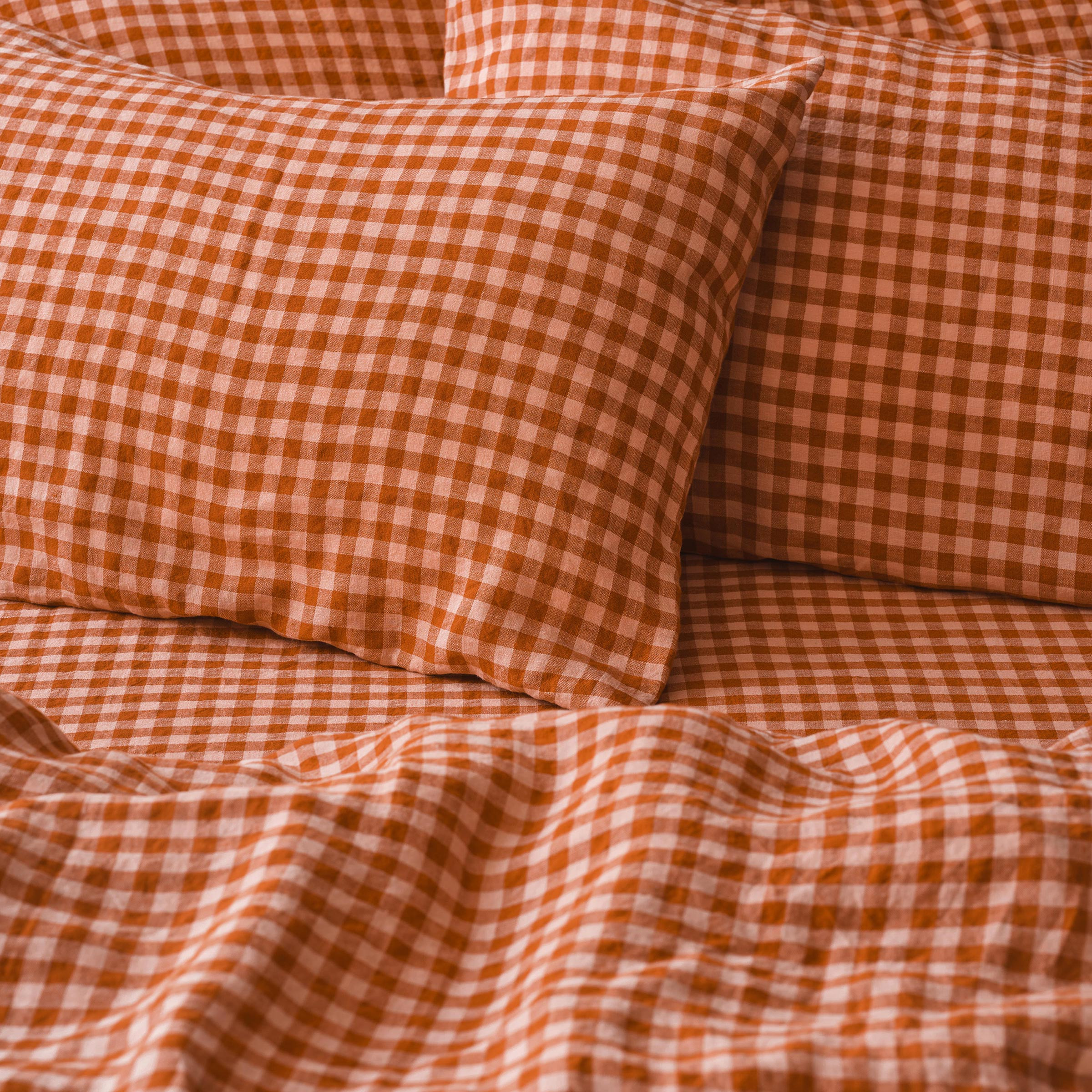 Cinnamon & Peach Colour Drenched Gingham Linen Blend Pillowcases (Pair | Piglet