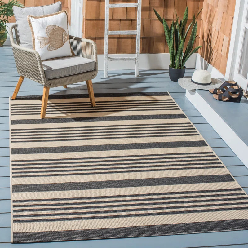 Candelo Striped Indoor / Outdoor Area Rug in Black/Bone | Wayfair North America