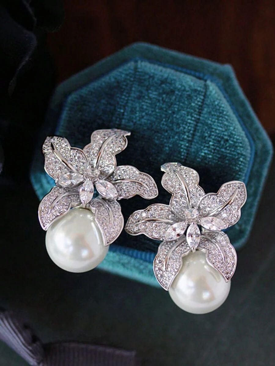 1pair Fashion Cubic Zirconia Flower Imitation Pearl Earrings For Women Wedding For Daily Decorati... | SHEIN