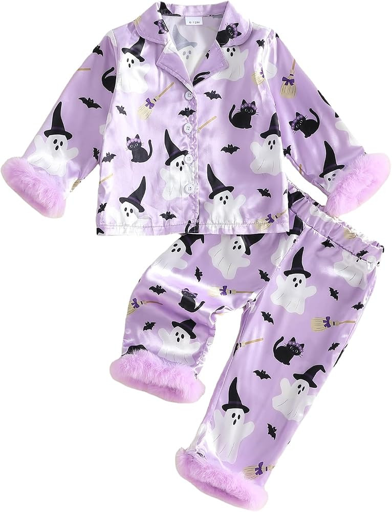 Toddler Girl Halloween Pajama Pumpkin Ghost Print Tops Pants Kids Sleepwear | Amazon (US)