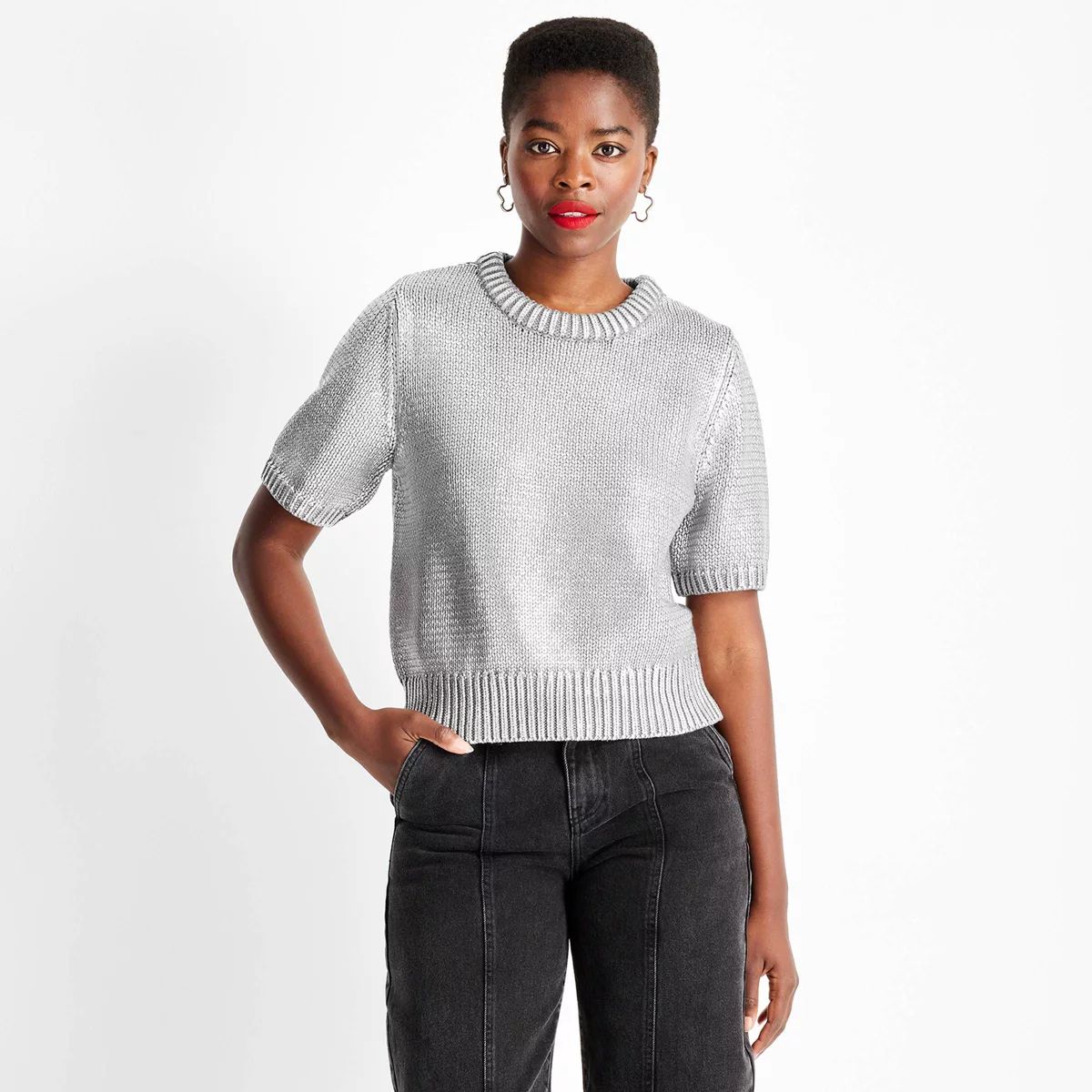 Women's Short Sleeve Crewneck Sweater - Future Collective Metallic Gray | Target