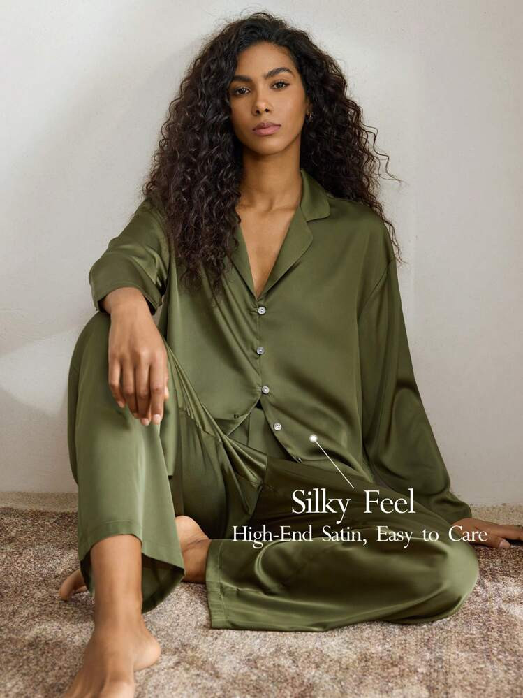 Ocili Set pigiama da donna in raso morbido e comodo, con top a maniche lunghe e pantaloni larghi,... | SHEIN