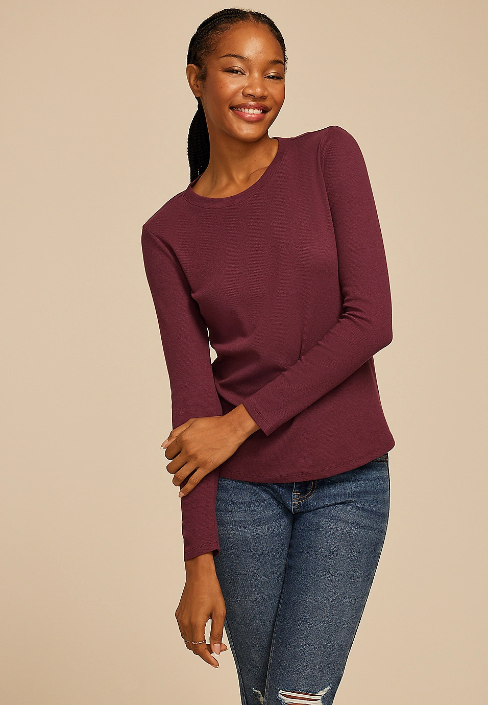 24/7 Ada Ribbed Long Sleeve Tee | Maurices