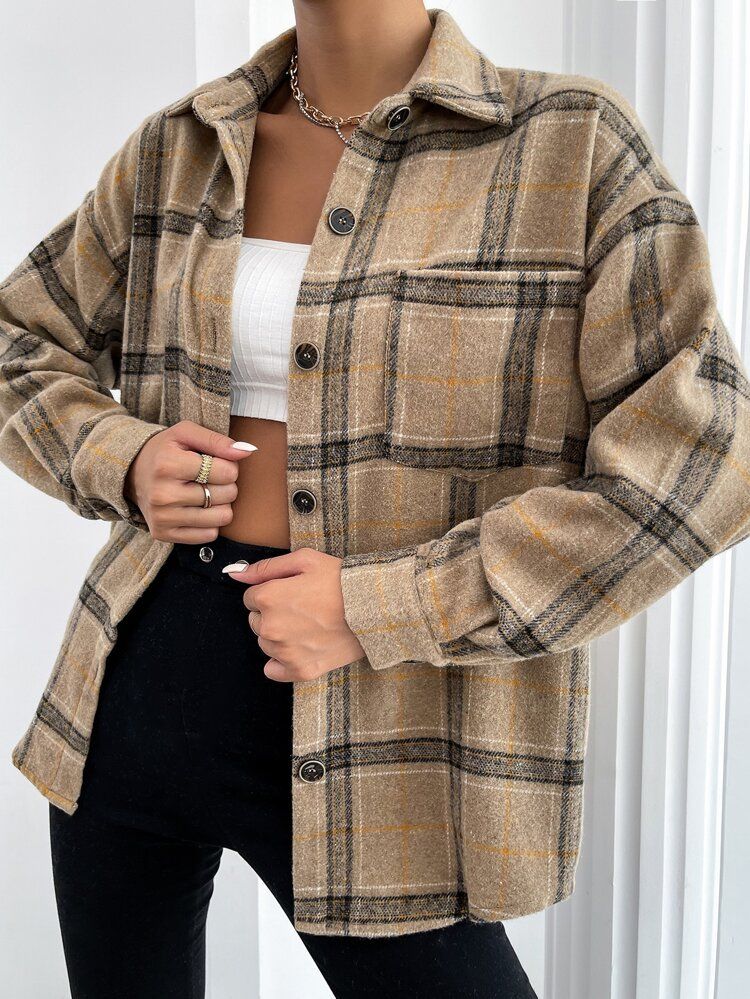 Plaid Print Drop Shoulder Coat | SHEIN