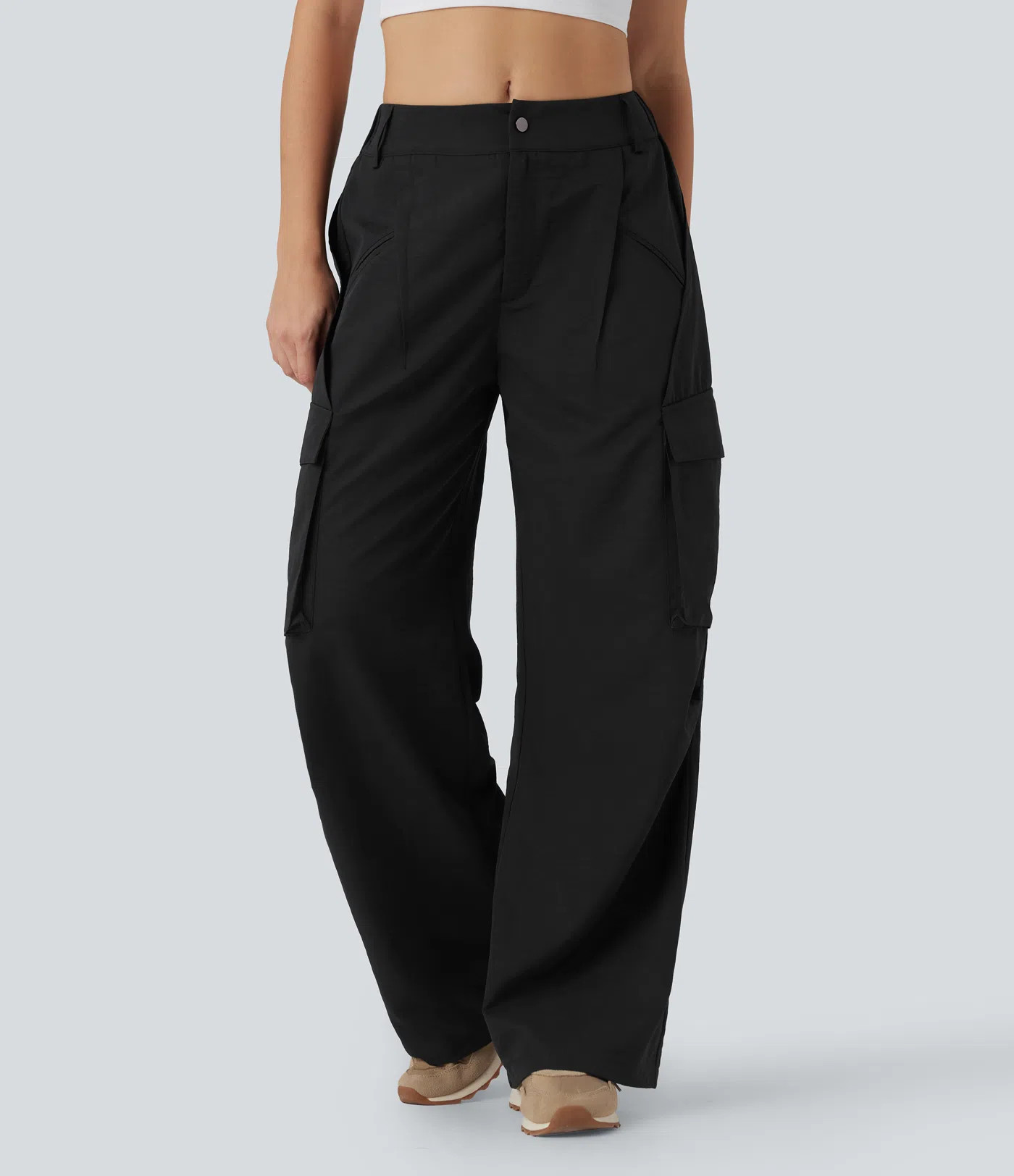 Mid Rise Button Zipper Side Pocket Wide Leg Baggy Casual Cargo Pants | HALARA