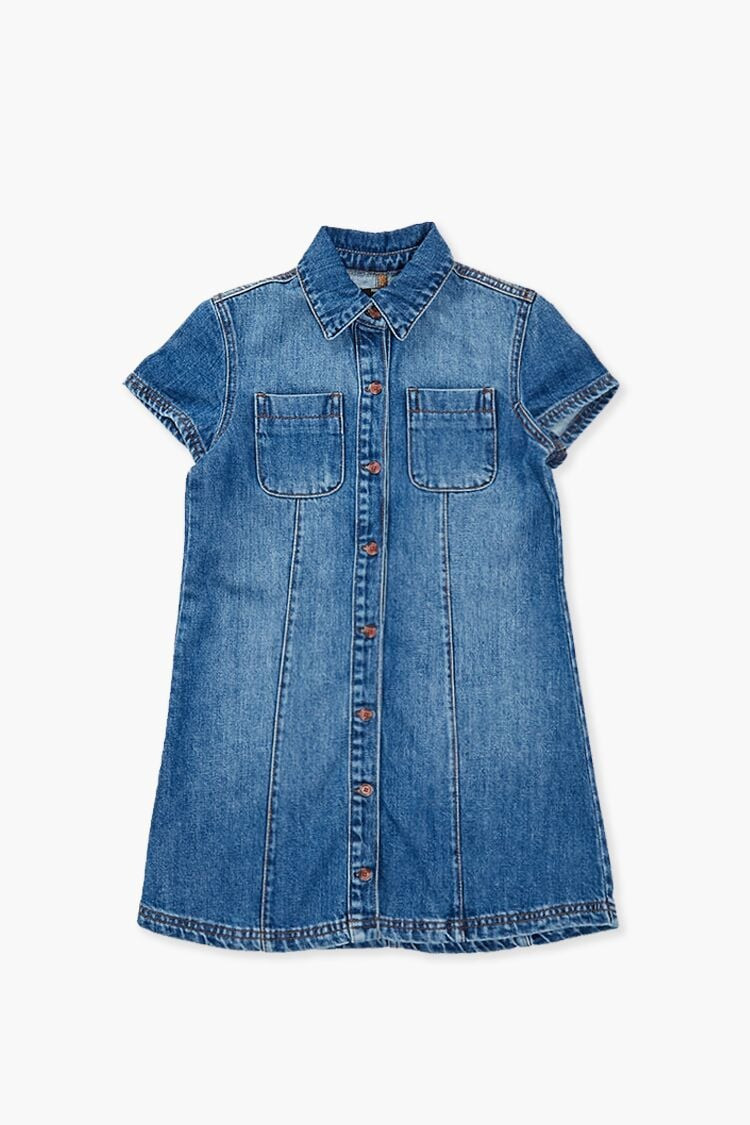 Girls Denim Shirt Dress (Kids) in Medium Denim, 13/14 | Forever 21