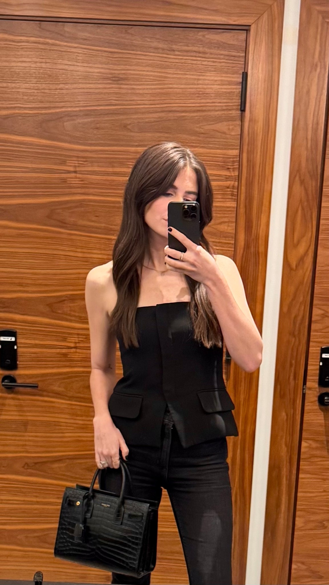 Date night outfit, summer outfit, corset top, strapless button down top, date night style, date night top, strapless top, black outfit, chic outfit, chic style, dinner outfit, dinner style, dinner date, YSL bag, YSL Sac du Jour 

#LTKSaleAlert #LTKItBag #LTKStyleTip