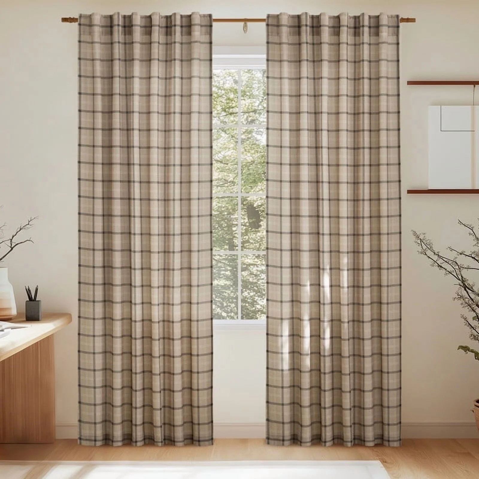 NICETOWN Check Plaid Linen Curtains for Bedroom, Semi Sheer Linen Grid Pattern Curtains Rod Pocke... | Walmart (US)