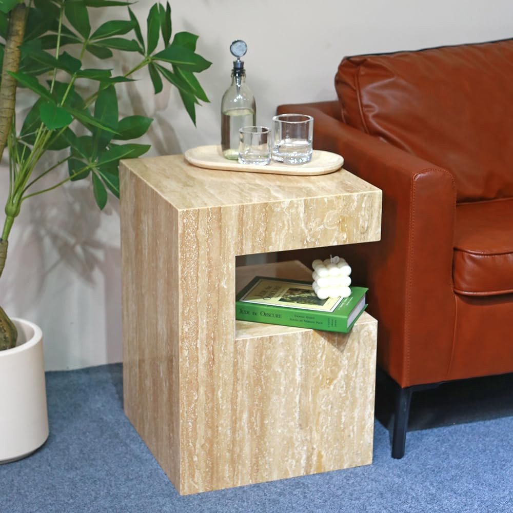 Italian Travertine C-Shaped End Table, Luxurious Natural Stone Coffee Table Suitable for for Livi... | Amazon (US)