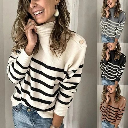 Winter Women s Turtleneck Striped Knit Sweater Long Sleeves Casual Loose Pullover Tops Deco with Button | Walmart (US)