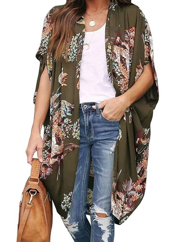 EZBELLE Womens Floral Print Kimono Cardigan Casual Sheer Chiffon Beach Cover Up Blouse | Amazon (US)