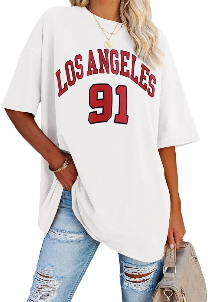 Fazortev Womens Oversized Los Angeles California Graphic T Shirts Half Sleeve Summer Loose Casual... | Amazon (US)