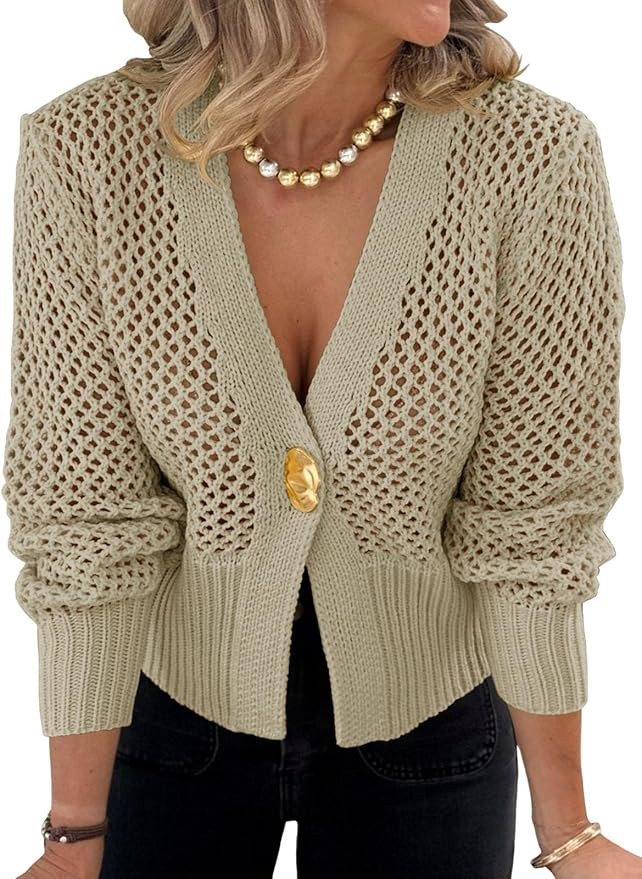 Cicy Bell Womens Cropped Crochet Cardigans Hollow Out Button Down Lantern Sleeve Knit Sweaters Ca... | Amazon (US)