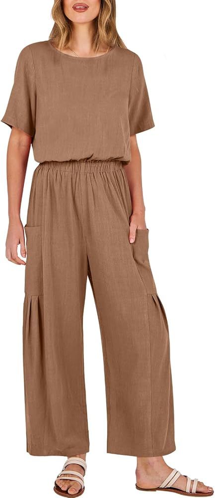 ANRABESS Jumpsuits for Women 2024 Casual Summer Linen Romper Short Sleeve Wide Leg Long Pants Jum... | Amazon (US)