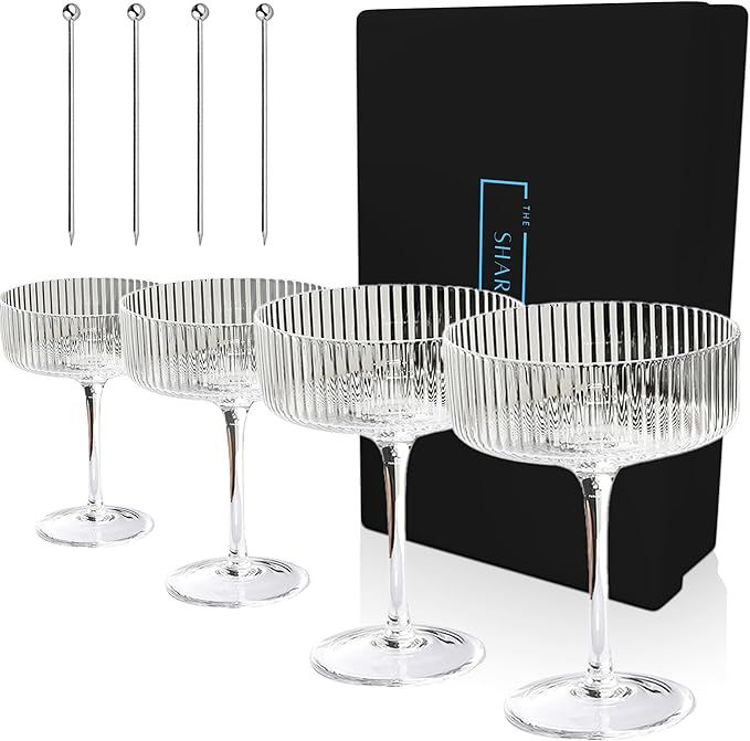 Vintage Ribbed Cocktail Glasses Set of 4+Metal Toothpicks-Surprise Gift Box w Lids for Presents|C... | Amazon (US)