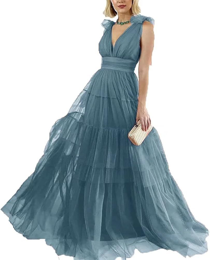 CSYPJYT Women's Deep V-Neck Formal Prom Evening Dress Long Tulle Backless Bridesmaid Dress | Amazon (US)