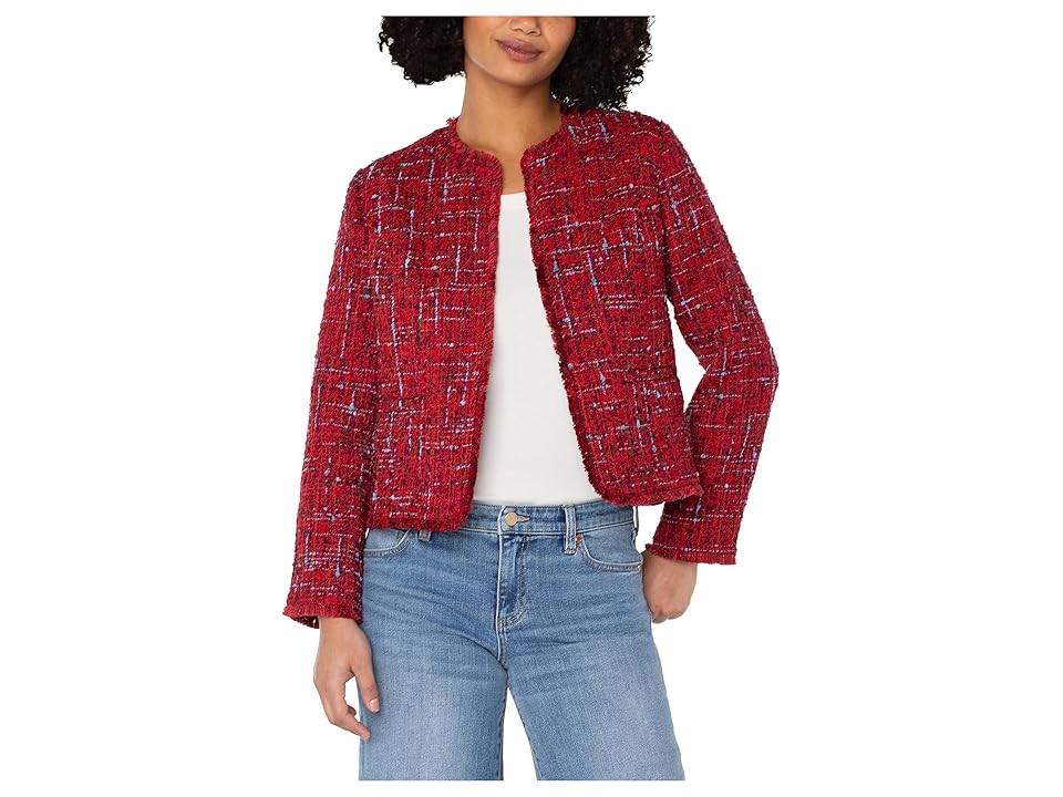 Liverpool Los Angeles Collarless Woven Boucle Jacket With Frayed Edges Women's Jacket Red Boucle : XS, Polyester/Wool | Zappos