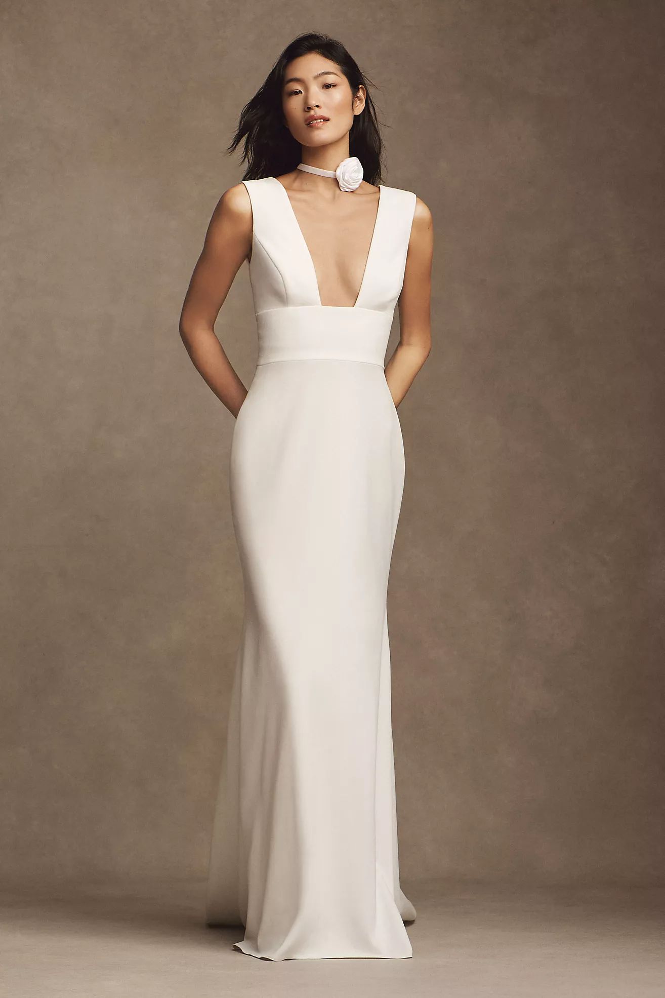 Wtoo by Watters Chloe Sleeveless Plunge Crepe Column Wedding Gown | Anthropologie (US)