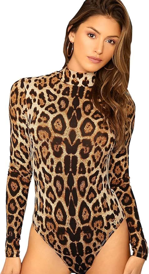 Amazon.com: MakeMeChic Women's Casual Pullover Tops Bodysuit Long Sleeves Jumpsuit D Leopard S : ... | Amazon (US)
