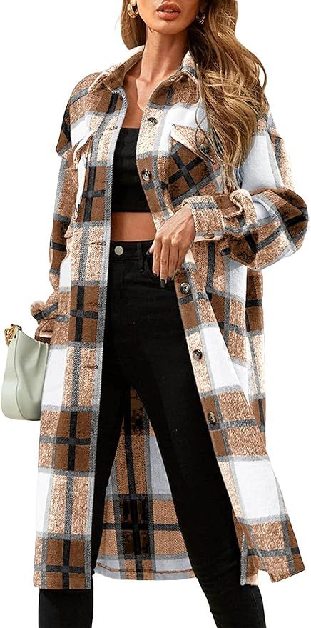 Womens Plaid Button Down Wool Blend Coat Casual Shirt Jacket Lapel Long Peacoat Oversized Shacket... | Amazon (US)