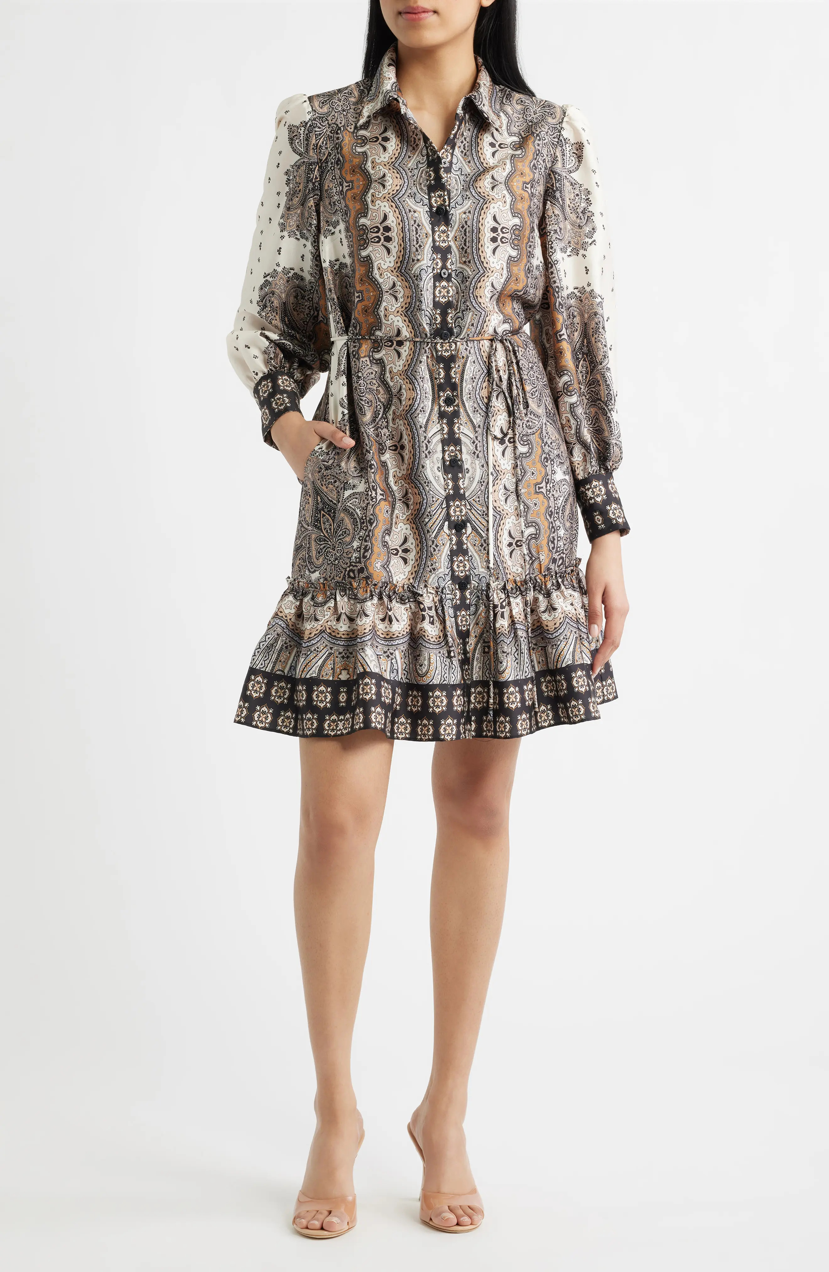 Julia Jordan Mixed Paisley Long Sleeve Shirtdress in Sand Multi at Nordstrom, Size 10 | Nordstrom