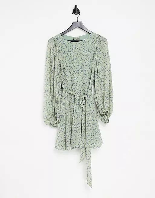 Ever New open back volume sleeve mini dress with tie waist in green ditsy floral | ASOS (Global)