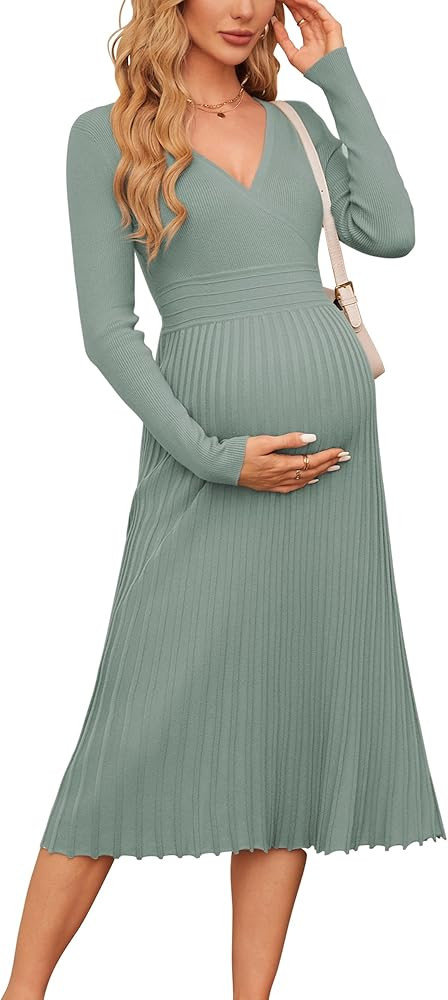 OUGES Women's Fall Maternity Midi Dress Long Sleeve Wrap V Neck Pleated Casual Sweater Dresses Tr... | Amazon (US)