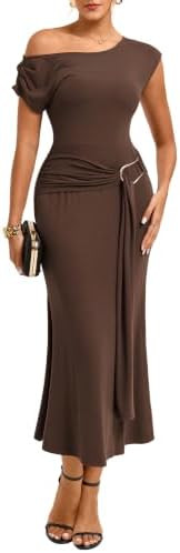 Short Sleeves,Asymmetrical Neckline,Ruched,Sheath,Wrap,Fitted Silhouette,Sash,Solid Color,Sexy,El... | Amazon (US)