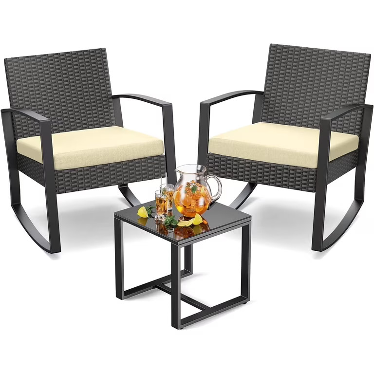 3-Piece Porch Balcony Furniture Set, Lofka Patio Rocking Chairs Set with Small Glass Table for Co... | Walmart (US)