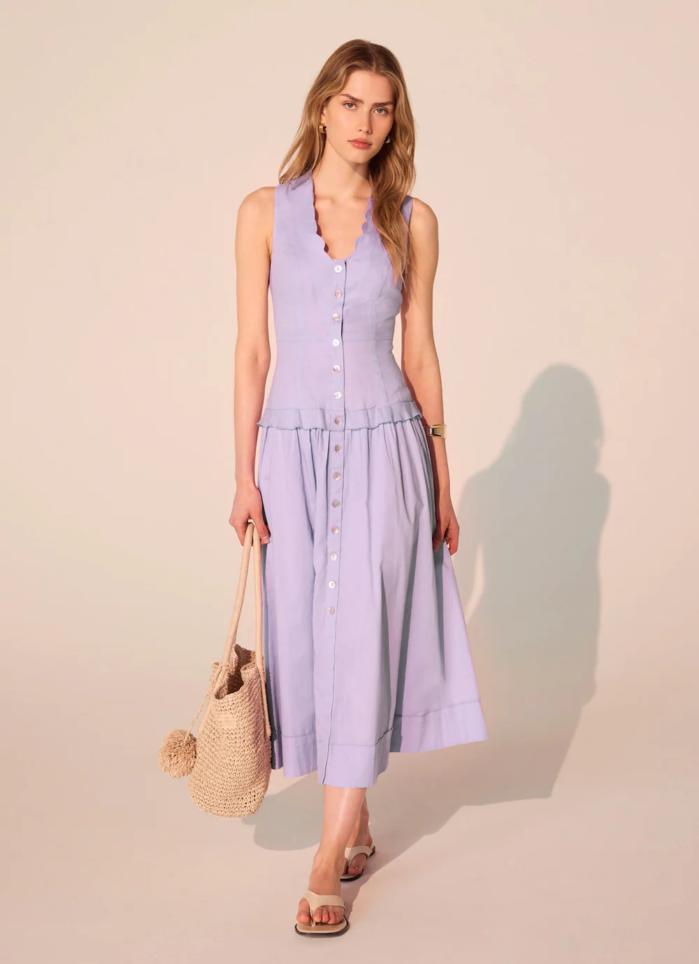Lilac Ramie Drop Waist Midi Dress | Mint Velvet