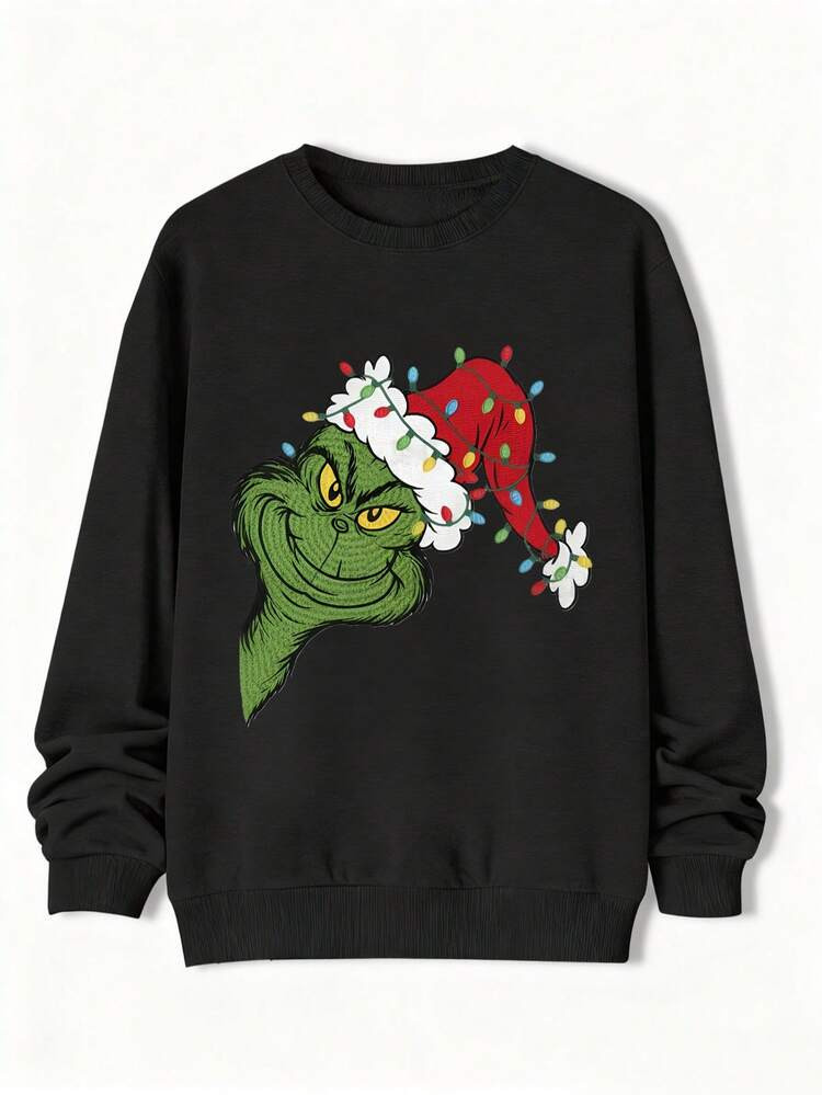 Grinchs Christmas Crew Neck Sweatshirt, Grinchs Christmas Hoodie, Grinchs Christmas Pullover, Casual Pullover, Men's Printed Crew Neck Sweatshirt, Holiday Grinchs Christmas Crew Neck Sweatshirt, Grinchs Christmas Hat Sweatshirt, Merry Christmas 2025, Make You Feel Like A Complete Grinchs, Men's Printed Hoodie, Casual Style, Long Sleeves, Crew Neck, Slightly Elastic, Geometric Pattern, Regular Fit, Knitted Fabric, Suitable For Autumn And Winter Wear. | SHEIN