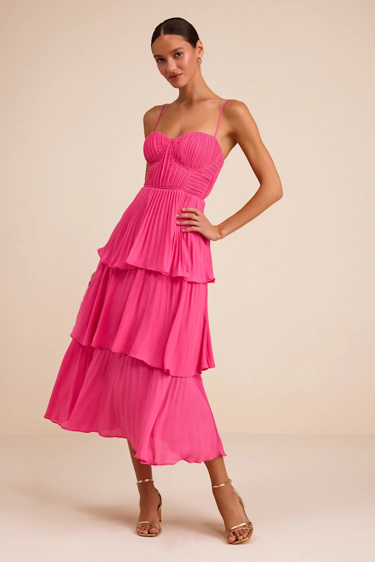 Cascading Crush Hot Pink Tiered Midi Dress | Lulus